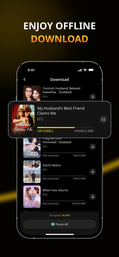 A screenshot of the FlickReels app showing the download manager for watching dramas offline