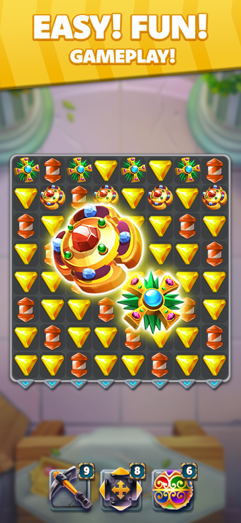Jewel Hunter Lost Temple - Colorful match 3 puzzle grid with jewels and special power ups