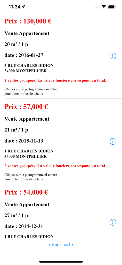 DVF - Screenshot of the DVF app displaying historical real estate transaction prices and dates for apartments in Montpellier France