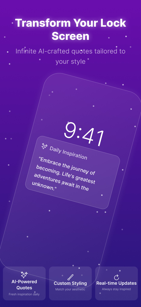 Ai AnyText - Any Text Widget - A purple themed iPhone lock screen displaying a custom AI-powered daily inspiration widget.