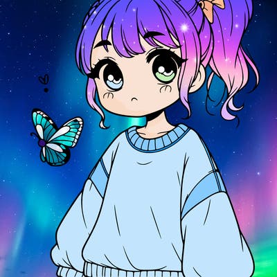 a realistic girl with an over sized shirt and ponytail and a butterfly near