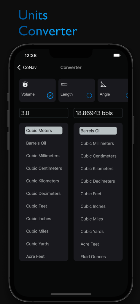 CoNav - Interfaccia del convertitore di unità dell'app mobile CoNav che mostra la conversione del volume da metri cubi a barili di petrolio