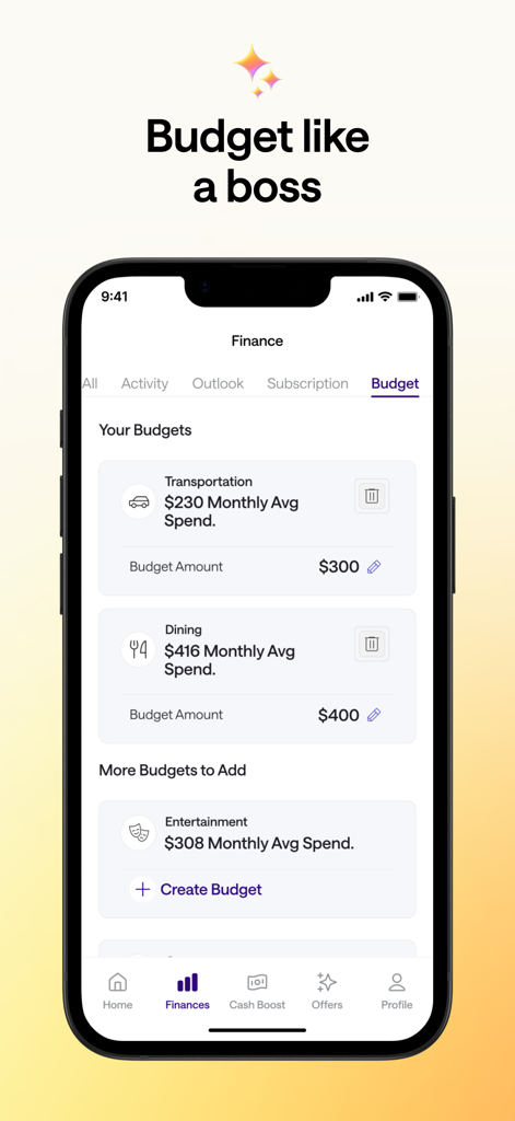 Credit Genie mobile app interface showing personalized budgeting categories for transportation and dining