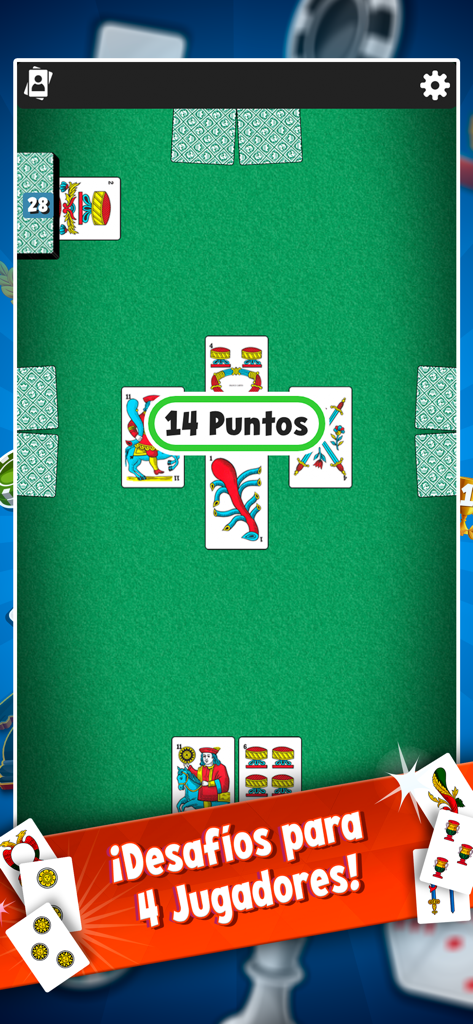 Brisca Más - Juegos de Cartas - Una partida de cuatro jugadores en la aplicación del juego de cartas Brisca Más mostrando cartas españolas tradicionales sobre una mesa verde.