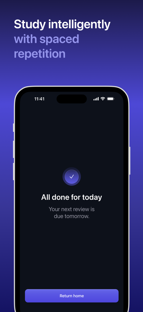 Teléfono inteligente mostrando la aplicación Retain con un mensaje de que la revisión diaria de tarjetas de memoria ha finalizado