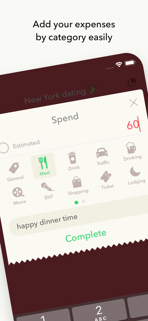Minibudget Pro - Minibudget Pro app interface showing the addition of a meal expense for a New York dating event