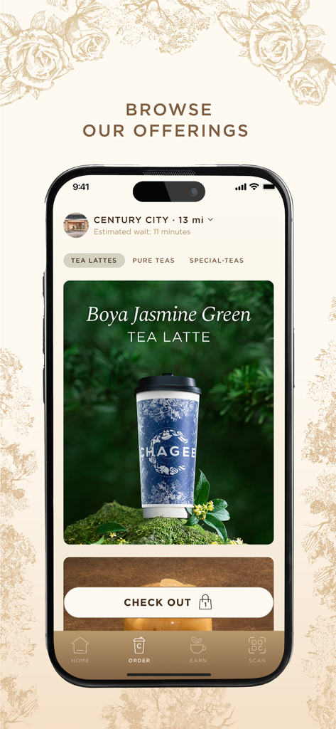 CHAGEE USA - CHAGEE USA 모바일 앱 인터페이스로, 차 라떼 메뉴와 보이아 자스민 녹차 라떼를 보여줍니다.