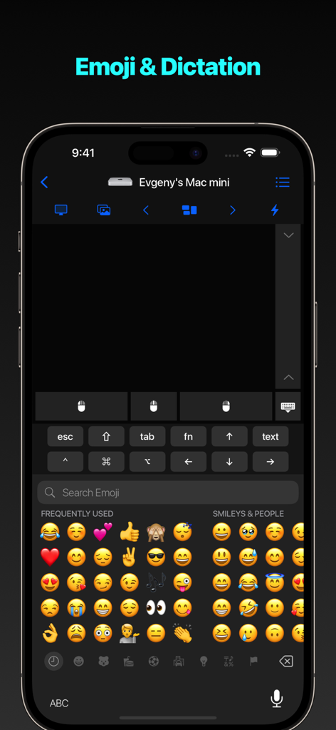 Interface of the Mouse Keyboard app displaying an emoji keyboard and dictation tool for remote computer control