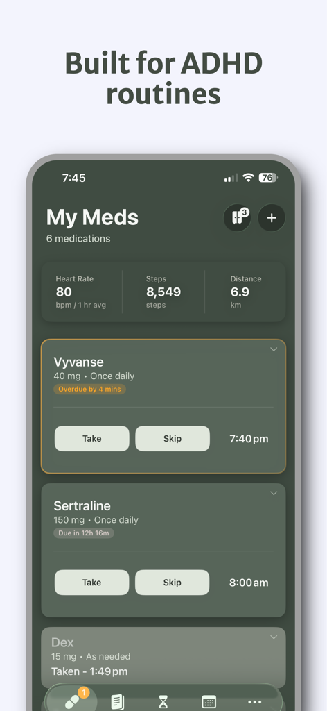 Pillr: ADHD Medication Tracker - Pillr app dashboard showing daily ADHD medication routines and integrated health metrics on an iPhone