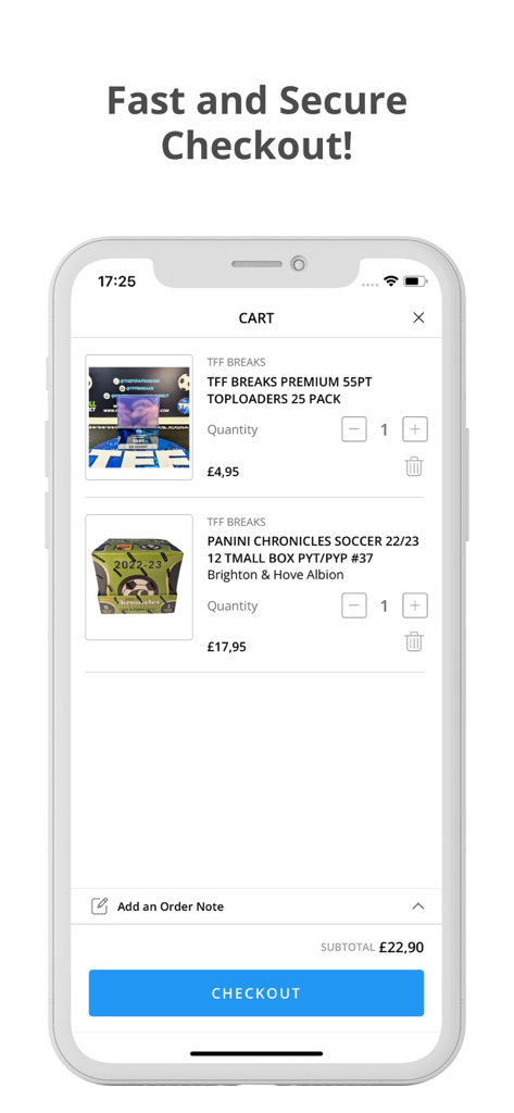 TFF Breaks - TFF Breaks app shopping cart displaying soccer card products and checkout button