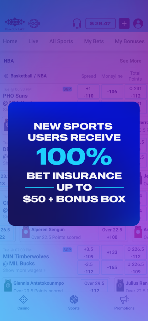 Promotion de l'application Play Gun Lake offrant aux nouveaux utilisateurs de paris sportifs une assurance de pari à 100 % jusqu'à 50 $ plus une boîte bonus