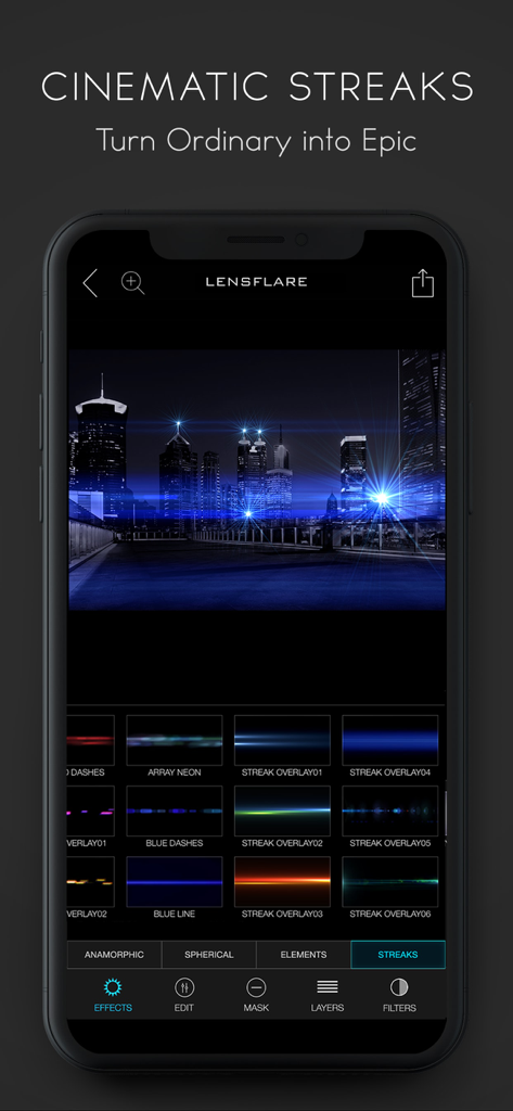 LensFlare app interface showing cinematic light streak effects applied to a night cityscape photo
