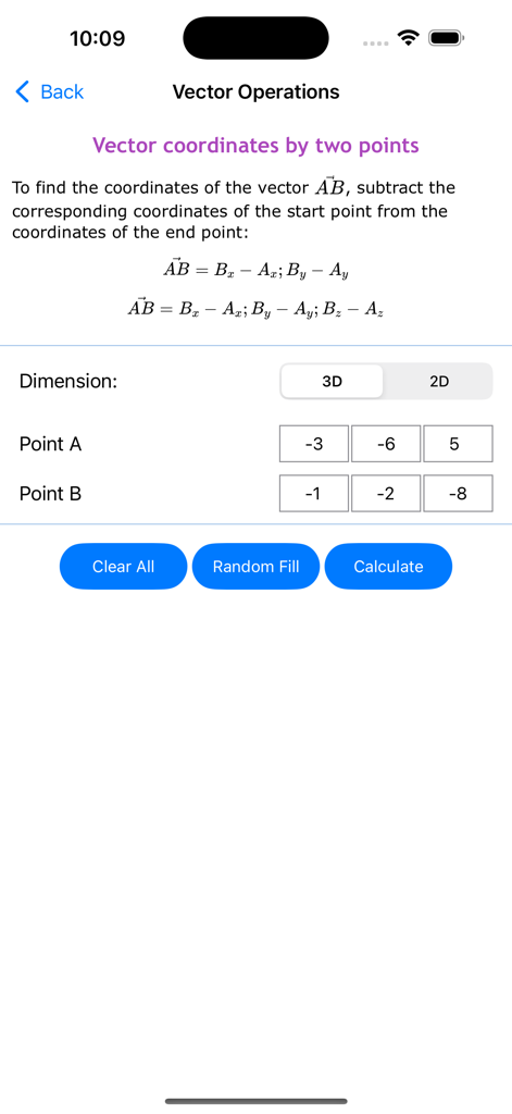 Bildschirm der Lineare Algebra App, der die Berechnung von Vektorkoordinaten aus zwei Punkten im 3D-Raum zeigt.