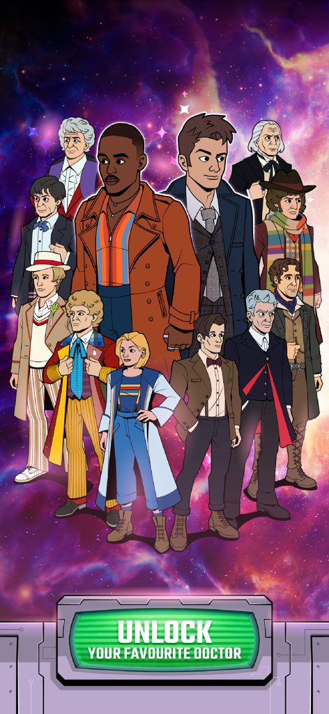 Doctor Who: Lost In Time - A group of stylized cartoon Doctors from the Doctor Who Lost In Time mobile game against a space background.