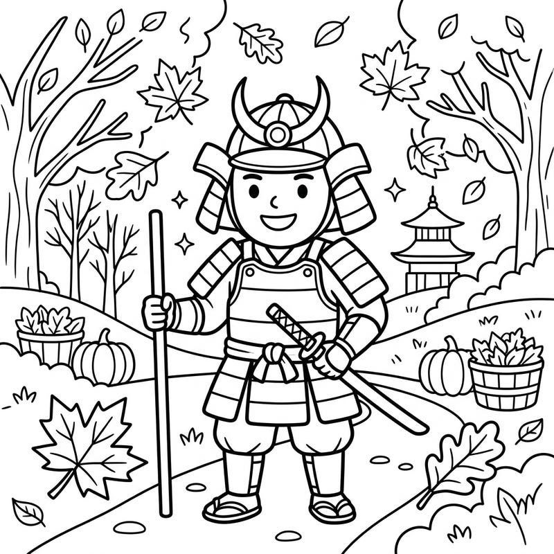 Bring the spirit of feudal Japan to life with this delightful Shogun coloring page set in a cozy autumn landscape. Kids will love coloring this brave warrior surrounded by falling leaves and harvest season treasures.