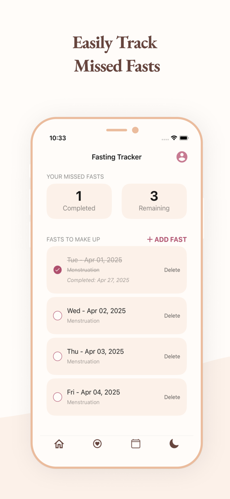Interface of the Ayda app showing a fasting tracker to log missed fasts during menstruation.
