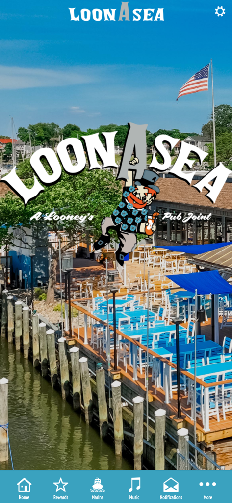 LoonAsea - LoonAsea app home screen with waterfront patio view and navigation menu