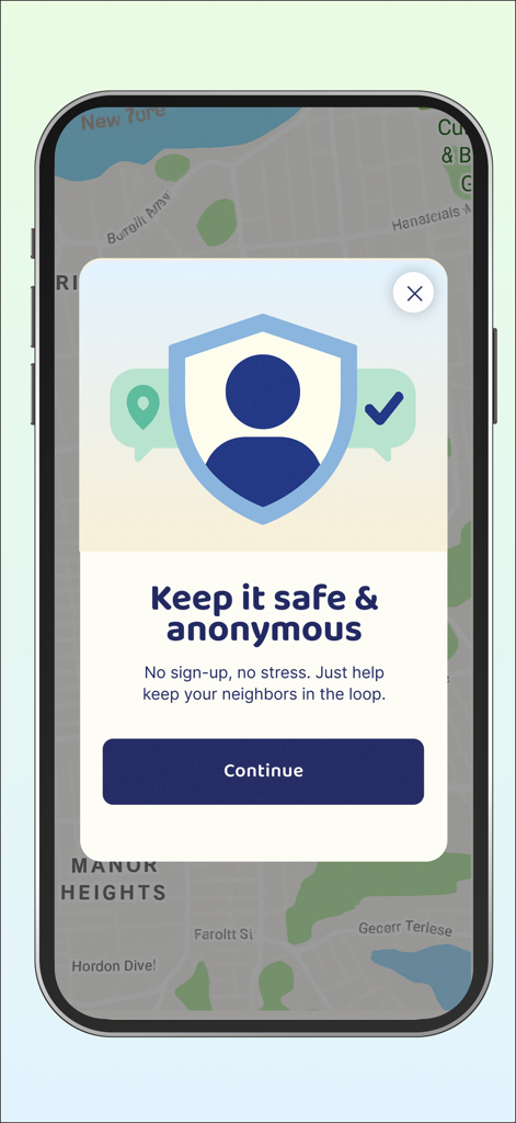 Coqui App - Pantalla de smartphone que muestra la notificación de privacidad de la app Coqui para informes anónimos de seguridad comunitaria