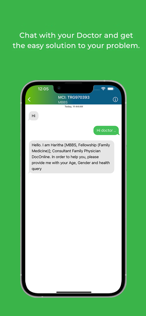 DocOnline: Ask a Doctor Online - DocOnline app screen showing a live medical chat interface with a family physician