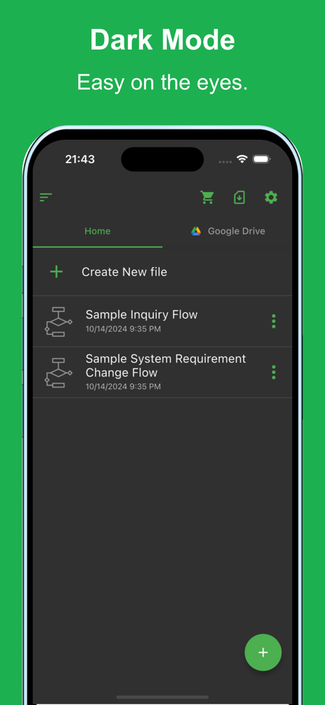 Flowchart AI mobile app interface showing the dark mode theme and a list of saved flowchart files.