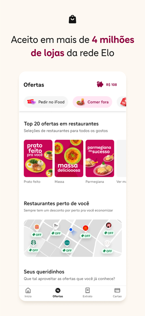 Interface de l'application iFood Benefícios montrant des offres de restaurants et une carte avec des réductions à proximité.