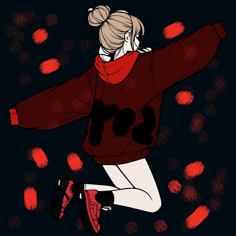 realistic girl jumping with a bun and oversized sweatshirt