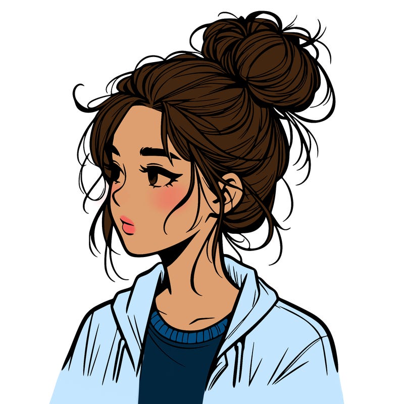 realistic teenage girl with a messy bun