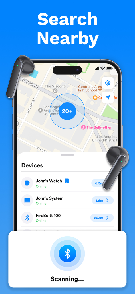Device Finder: Find my Pods - Mobile application screen showing a map radar scanning for nearby bluetooth devices
