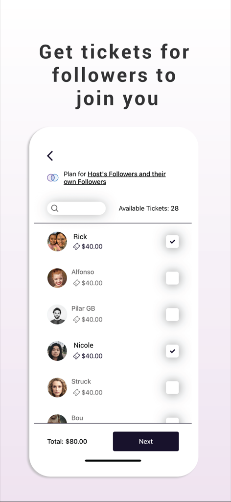 MoodPlans - Interface do aplicativo MoodPlans exibindo uma lista de seguidores para selecionar para a compra de ingressos para um evento.