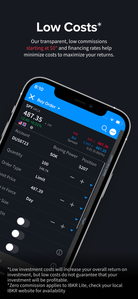 IBKR Mobile - Invest Worldwide - Una pantalla de orden de compra en la aplicación de trading IBKR Mobile destacando los bajos costos de inversión