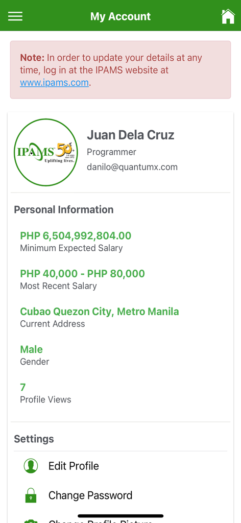 The My Account screen of the IPAMS Mobile app showing a user profile for a programmer with personal information and settings
