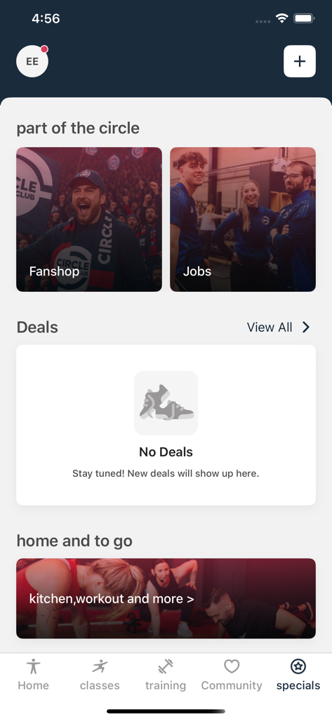 CIRCLE Fitness - Specials screen of the CIRCLE Fitness app featuring sections for fanshop, jobs, and member deals.