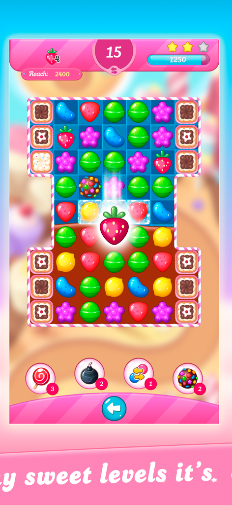 Candy Match 3: Sweet Lands - Gameplay screenshot of Candy Match 3 Sweet Lands showing a puzzle board with colorful candies and boosters