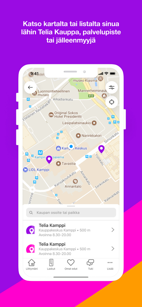 Minun Telia - Map view in the Minun Telia app showing nearby store locations and service points in a city