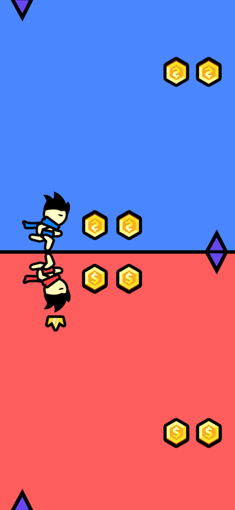 Split screen two player parkour game with characters running on blue and red backgrounds collecting coins