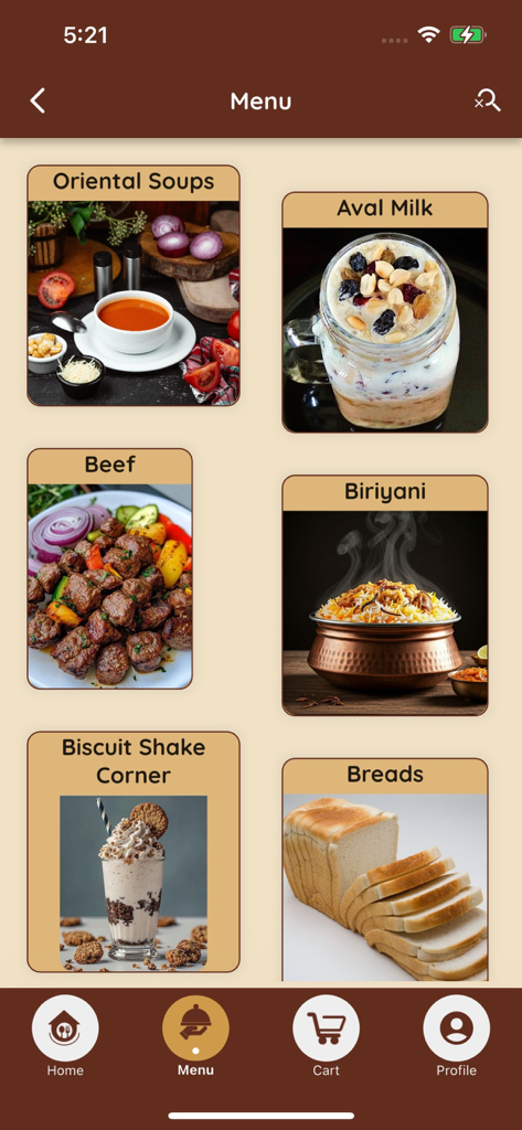 Coffee Connect Resto - cafe - Pantalla del menú de la app móvil Coffee Connect Resto con categorías de alimentos como Sopas Orientales, Ternera, Biriyani y Batidos de Galleta con imágenes de alta calidad.