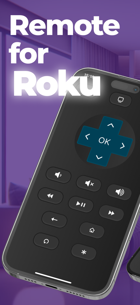 Universal remote for Roku tv - Pantalla de iPhone que muestra la interfaz de control de una aplicación de mando a distancia para Roku TV con botones de navegación y multimedia