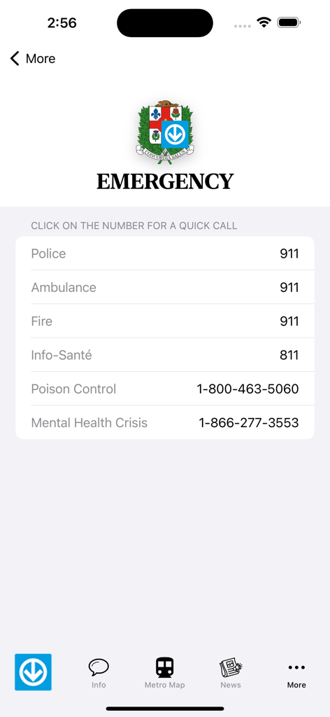 Pantalla de números de contacto de emergencia en la aplicación Mapa del Metro de Montreal que muestra números de teléfono para policía, ambulancia y servicios de salud.