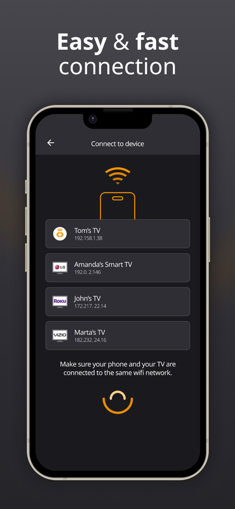 Remote Control for TV: iMote - Capture d'écran de l'application iMote montrant une liste de téléviseurs intelligents prêts pour la connexion wifi, y compris les marques LG Roku et Vizio