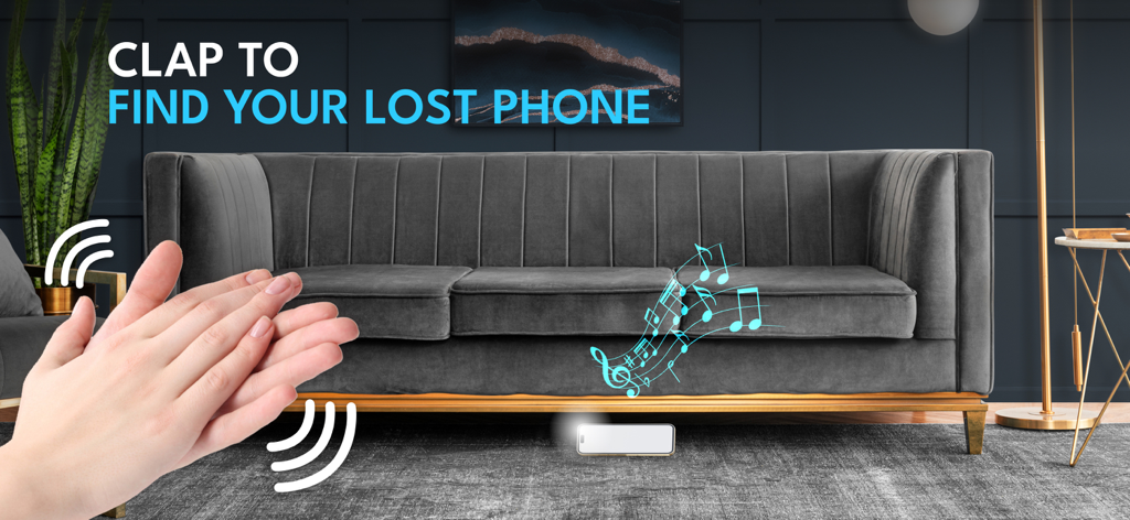 Una persona aplaudiendo para encontrar su teléfono perdido que está sonando y parpadeando mientras está escondido debajo de un sofá gris