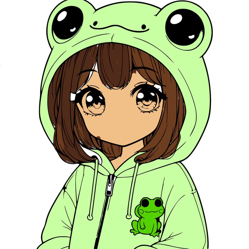 cute realistic girl in a froggy hoodie