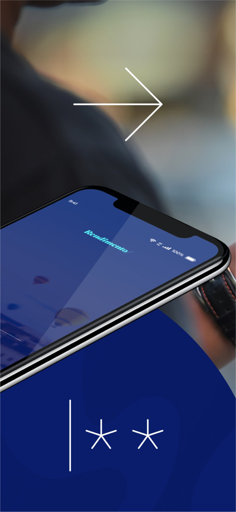 Rendimento VTM - Uma tela de smartphone exibindo o logotipo do aplicativo Rendimento VTM e um campo de login seguro.