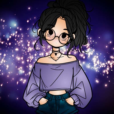 girl with a messy ponytail glasses a baggy crop top and jean shorts