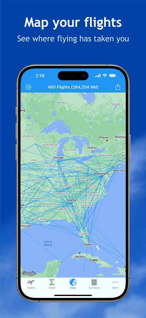 An interactive map displaying flight paths and routes across North America in the Smart Logbook app.