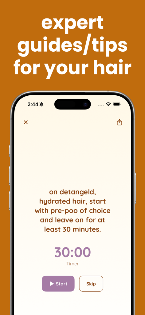 type4hair - Type4hair app screen showing an expert hair care guide with a countdown timer for a pre-poo treatment.