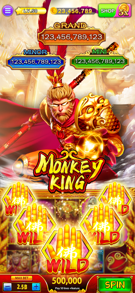 Monkey King themed slot machine interface showing massive jackpots and golden wild symbols