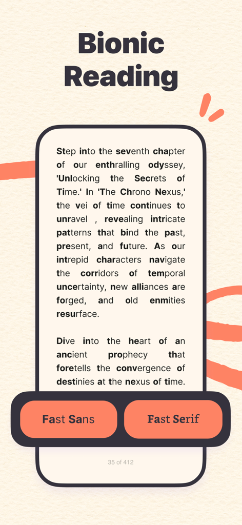 Magibook: Reading & Audiobooks - Magibook app screen showing the Bionic Reading feature with bolded word prefixes and font options to improve reading speed