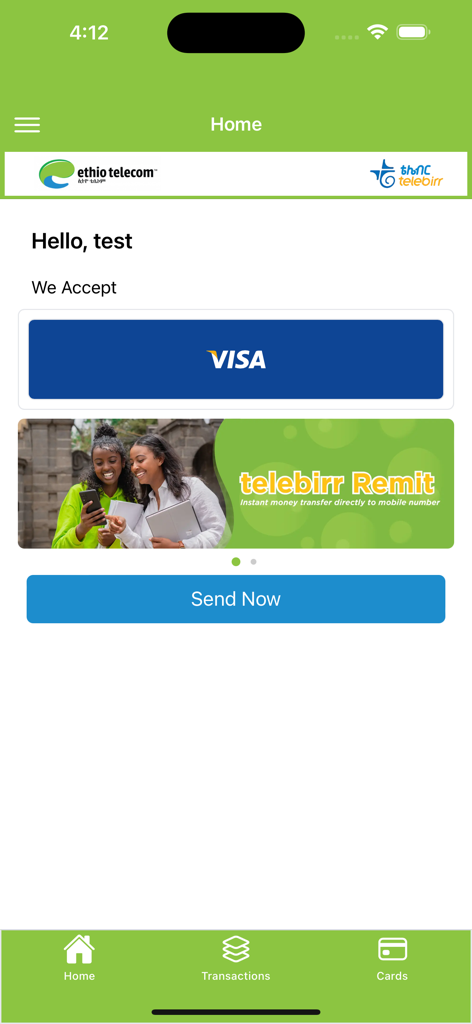 telebirr Remit - Telebirr Remit mobile app home screen featuring Visa card acceptance and a Send Now button for international money transfers