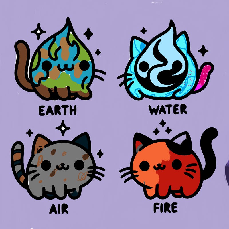4 cats that represent the different elements, earth, water, air, and fire