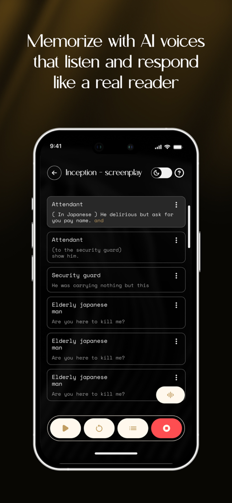 Acting pal: Learn lines - Acting Pal app interface showing a script with AI voice reader features for memorizing lines